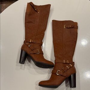 G by GUESS Size 7.5 Brown Knee High Boots with Gold Buckle Shaft Height 13’